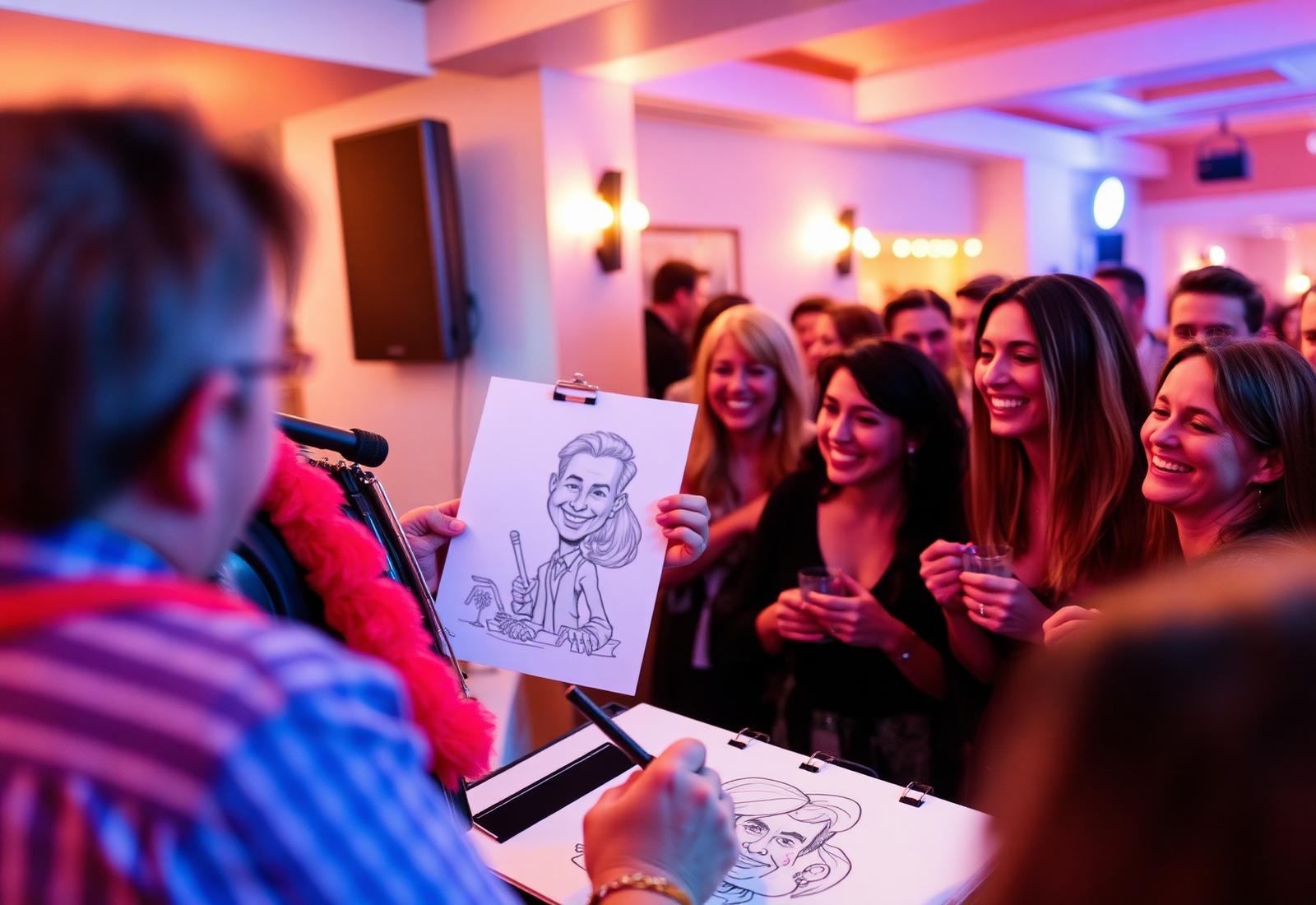 Thijs Wessels tekent live karikaturen voor lachende gasten op een evenement